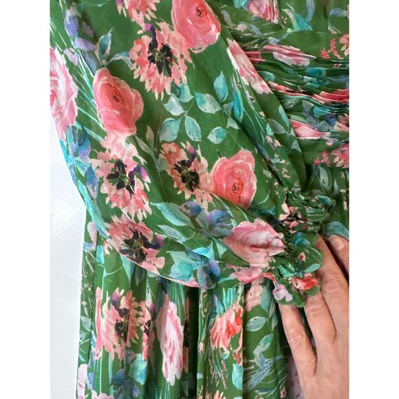 Amur Raven Silk Floral Off-Shoulder Maxi Dress Green Pink Size 0 - Picture 14 of 14